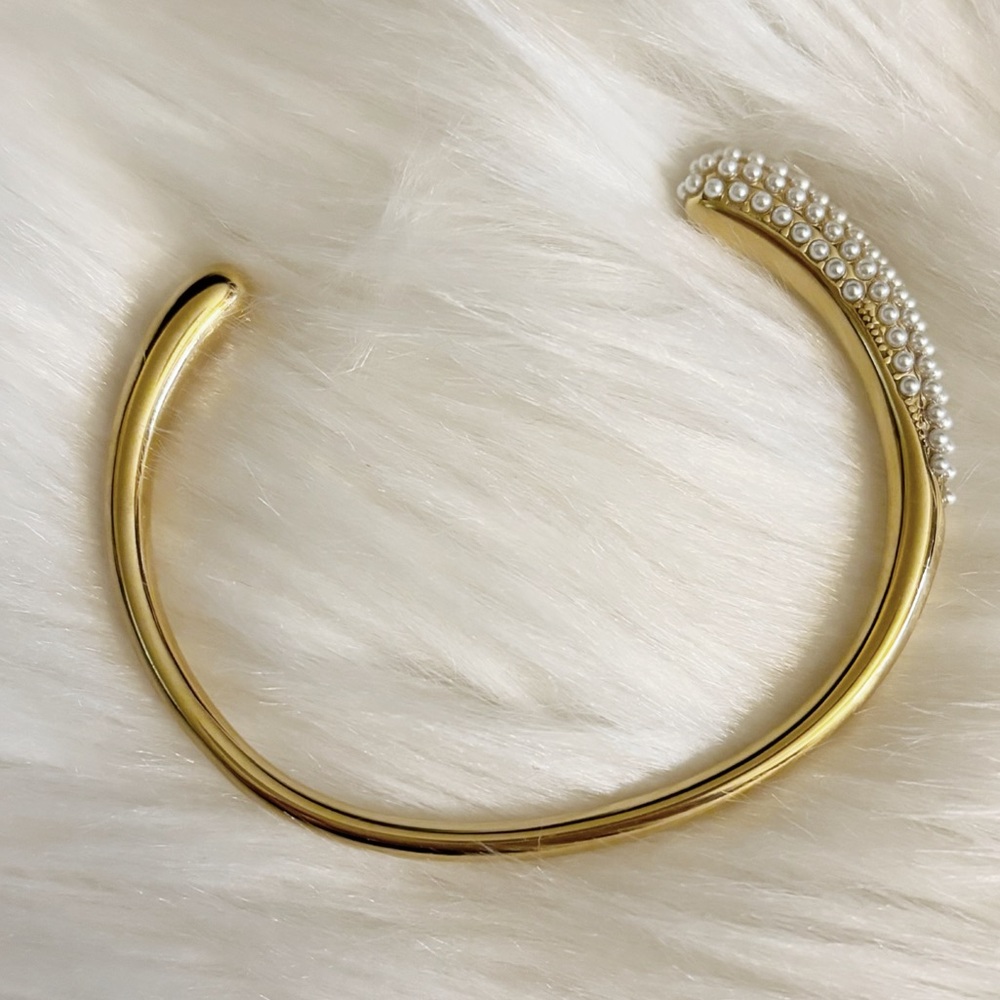 Unique 14k Gold Filled Cuff Bracelet that is encrusted with tiny faux pearls